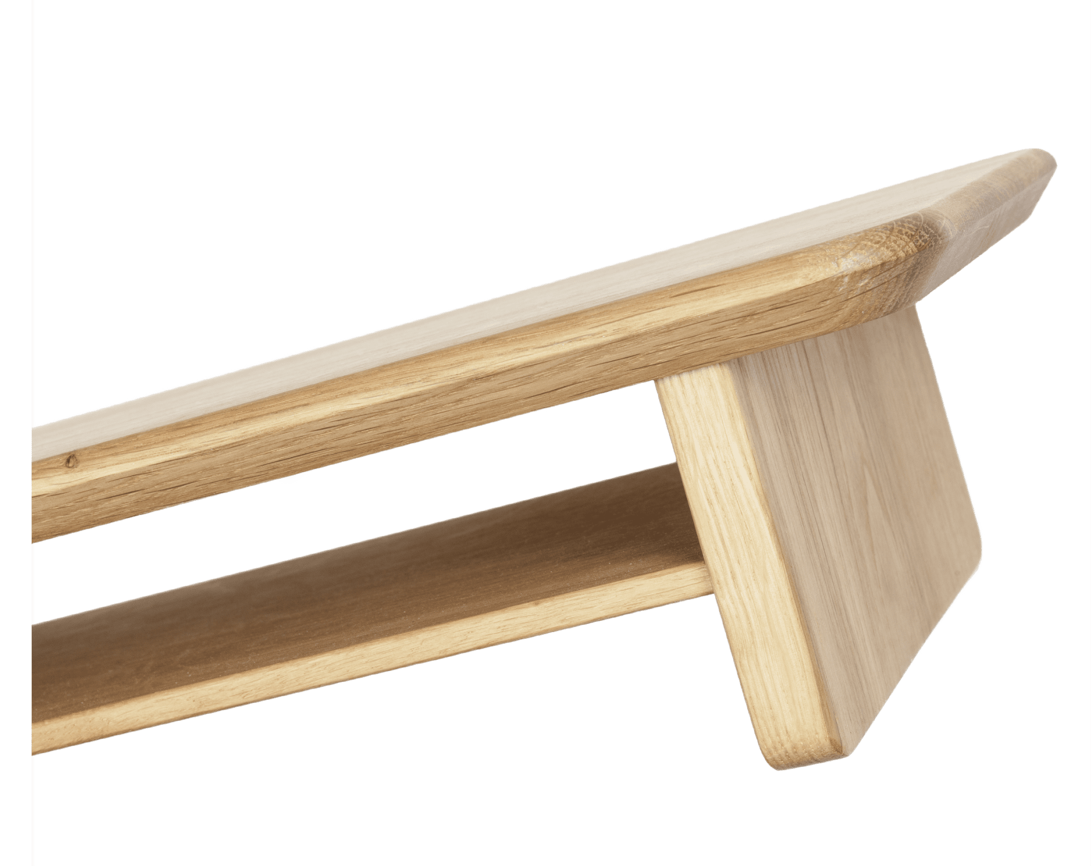 Shelf detail of Grindwood oak monitor stand