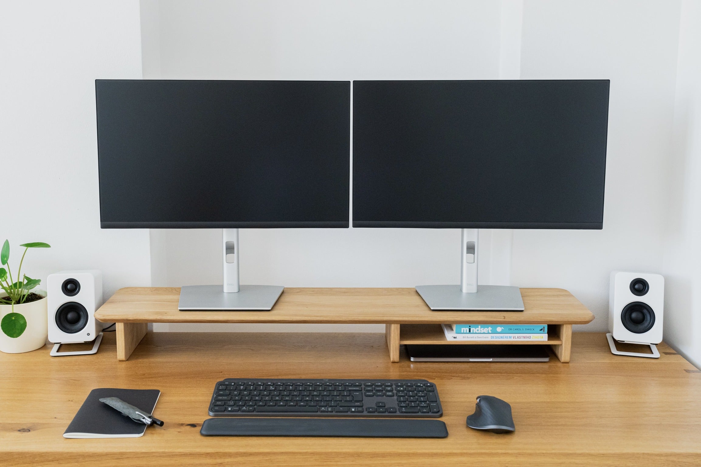 Grindwood solid oak monitor stand with dual monitors
