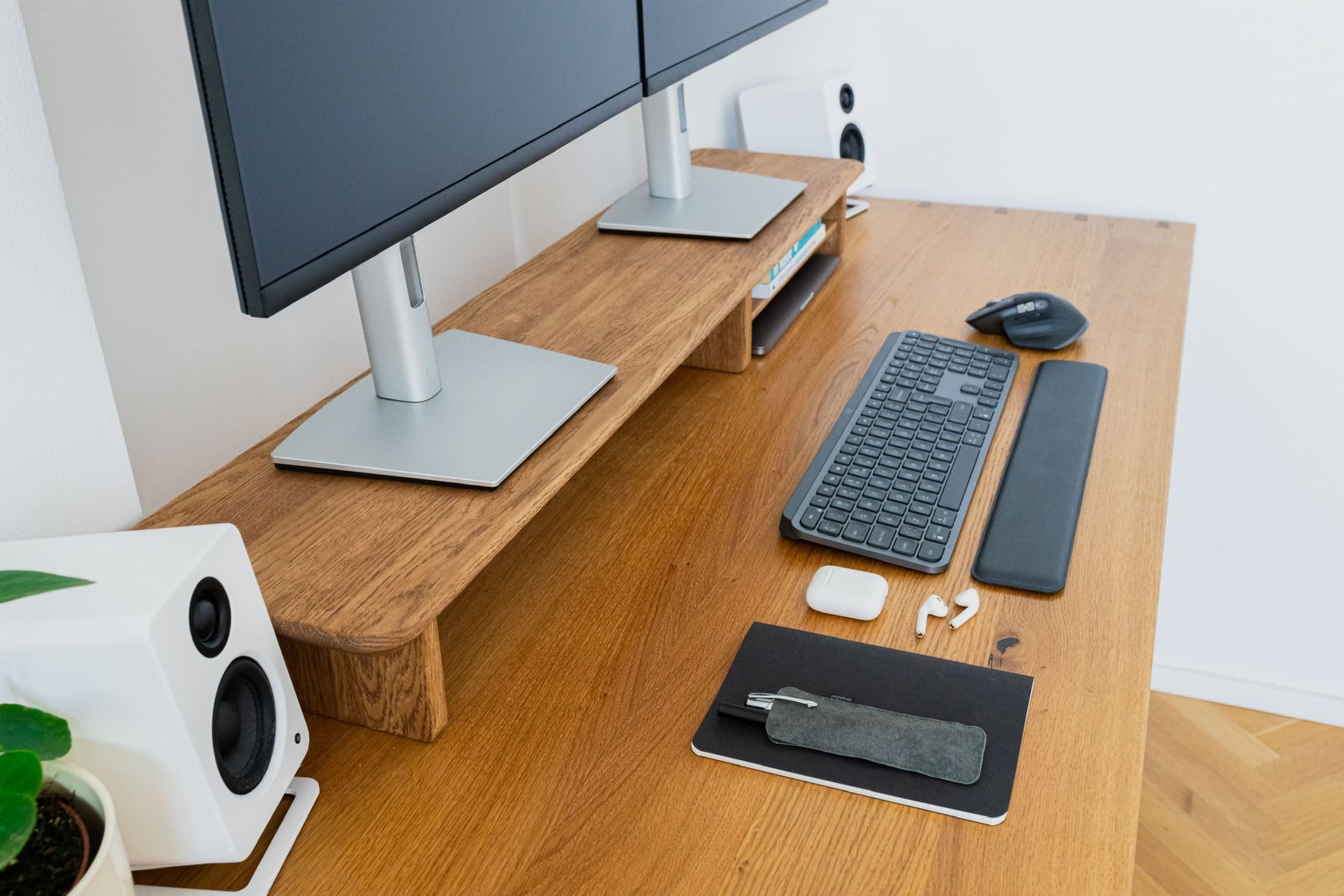 Walnut oak monitor stand desk setup
