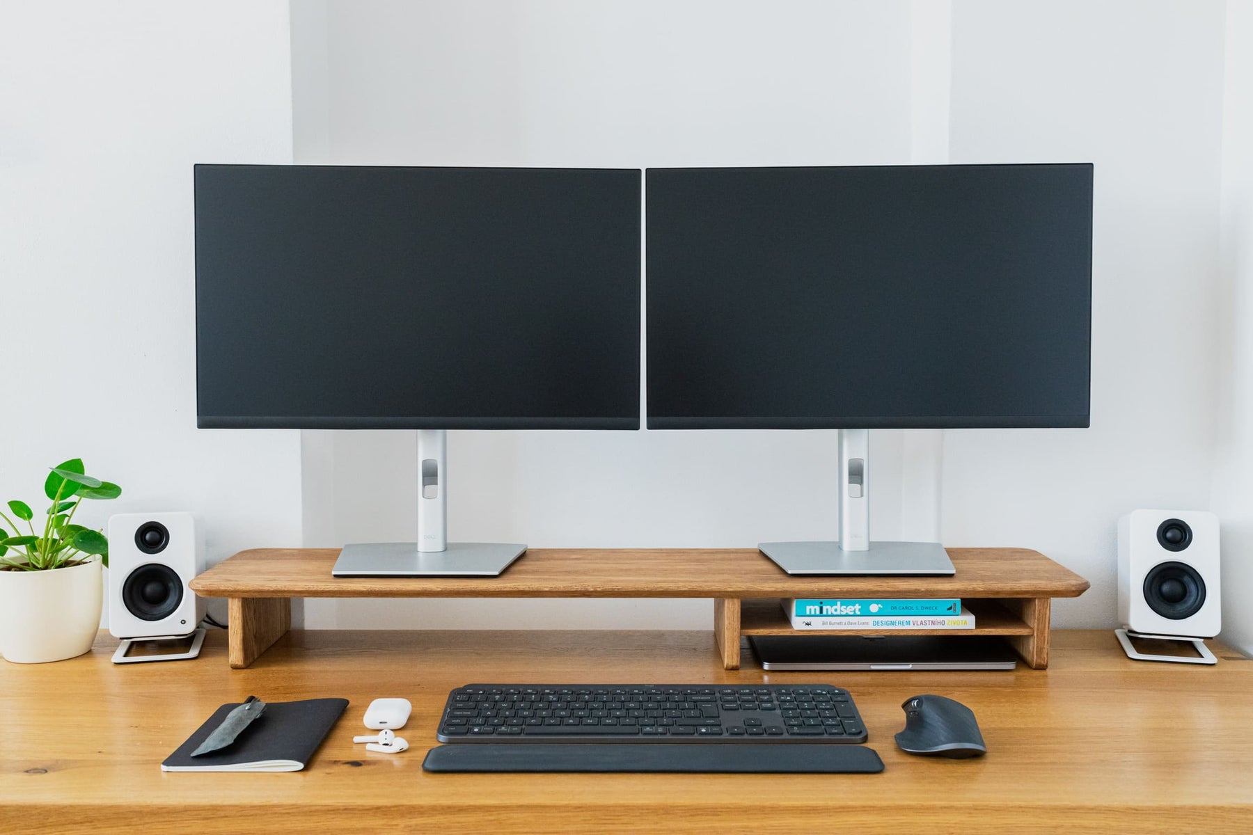 Walnut Elegance Grindwood monitor stand with two screens